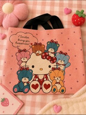 Cute Pink Character Tote Bag with Bears